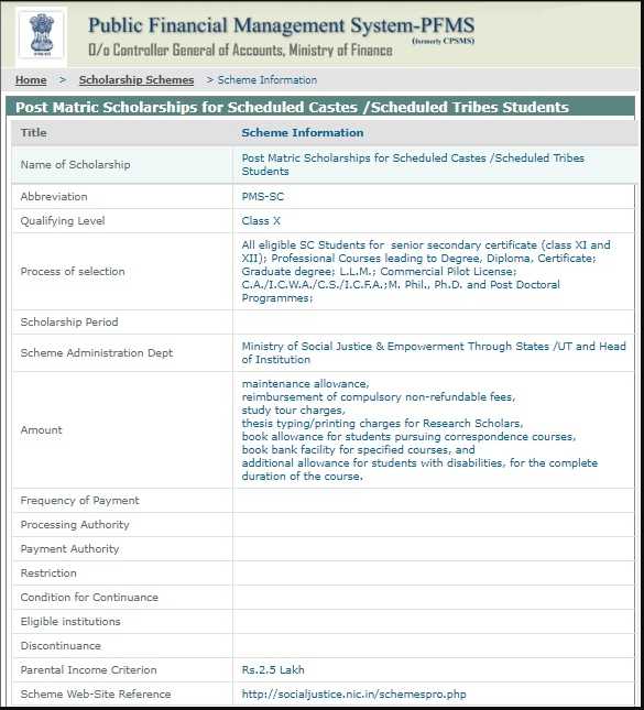 PFMS 2019 Post Matric Scholarship for SC Students