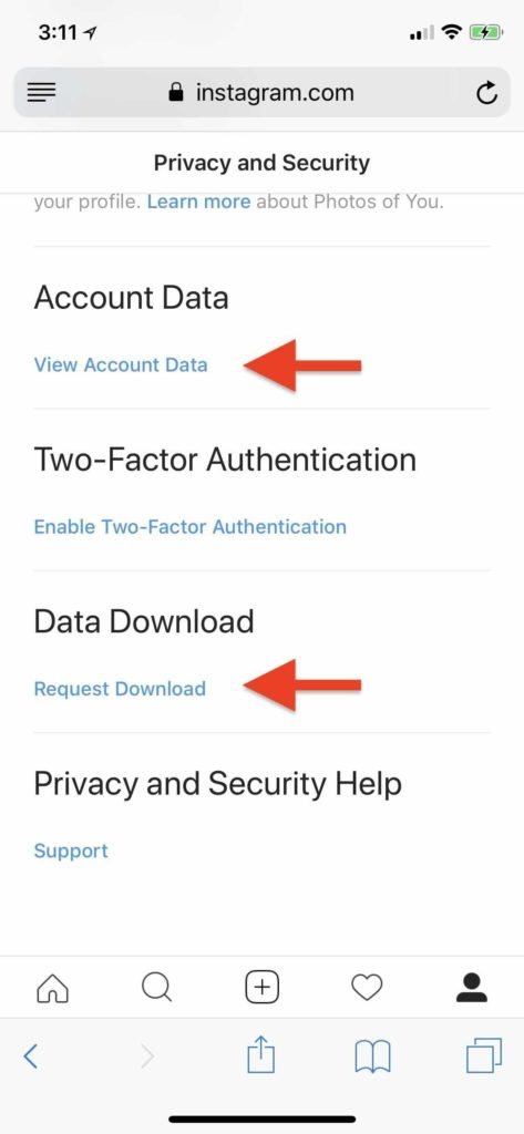 Request Download Option for backup of insta data