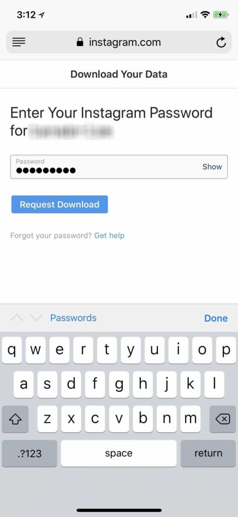 type instagram password