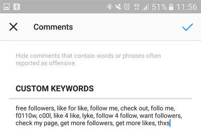 click checkmark to stop spam comments on insta